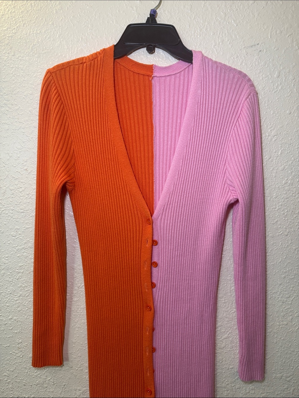 Two-Tone Orange and Pink Ribbed Button-Front Dress - Picture 4 of 6